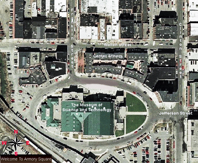 Satellite view of Armory Square showing Center Armory, Museum of Science and Technology, Jefferson Street, and Walton Street